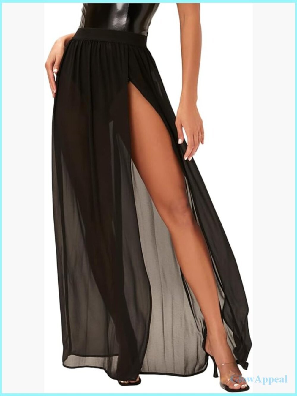 Mesh Sheer Ruffle Maxi Skirt High Waist See Through Slit Thigh Long Skirt